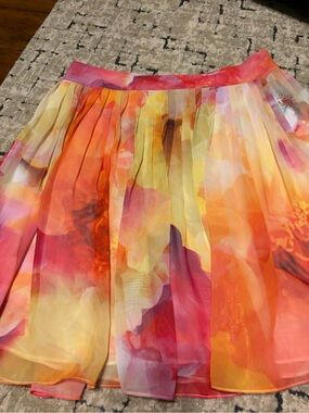 Liz Claiborne Watercolor Pleated A-Line Skirt - Pink Orange Yellow
